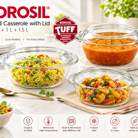 Borosil Tuff Round Glass Casserole Set with Lid | Set of 3 | 700ml + 1L + 1.5L | Borosilicate Glass Food Storage & Serving Bowls | Microwave & Oven Safe (Without Lid)