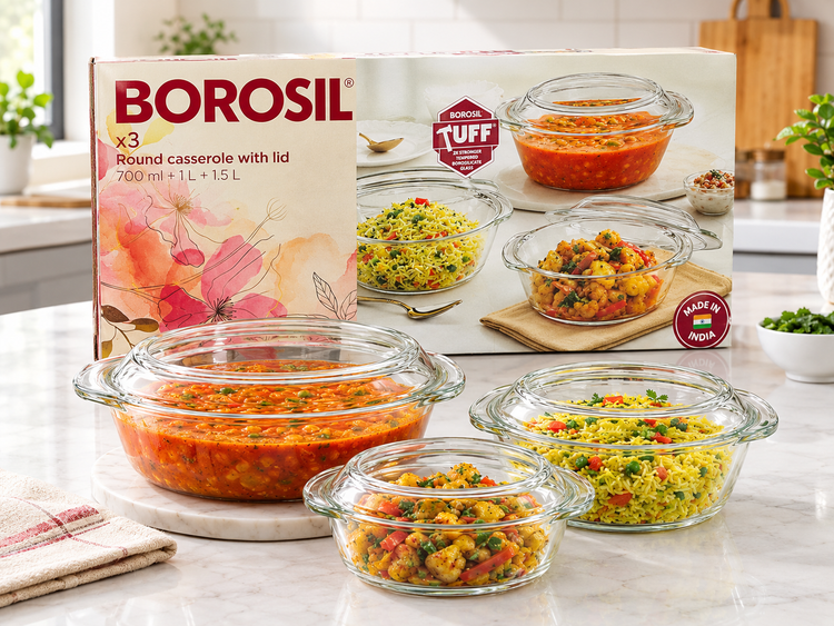 Borosil Tuff Round Glass Casserole Set with Lid | Set of 3 | 700ml + 1L + 1.5L | Borosilicate Glass Food Storage & Serving Bowls | Microwave & Oven Safe (Without Lid)