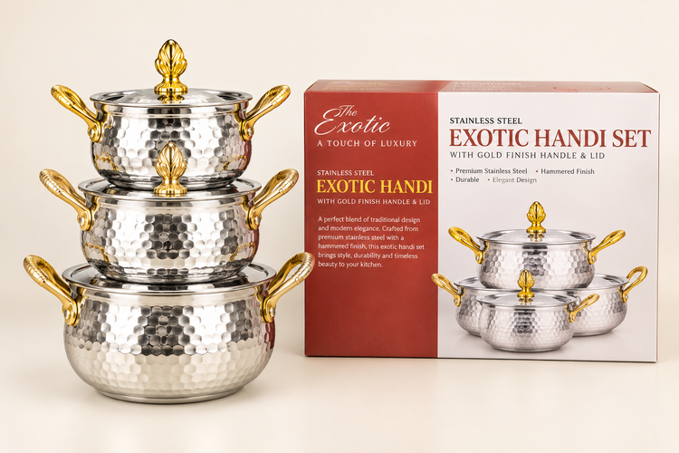 Stainless Steel Exotic Handi Set with Gold Finish Handle & Lid | Hammered Design 3-Piece Cooking & Serving Handi Set