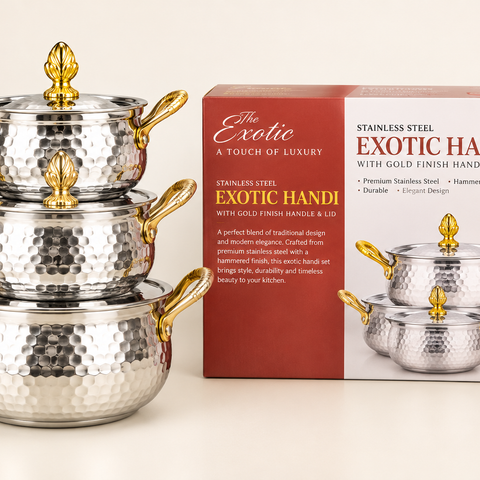 Stainless Steel Exotic Handi Set with Gold Finish Handle & Lid | Hammered Design 3-Piece Cooking & Serving Handi Set
