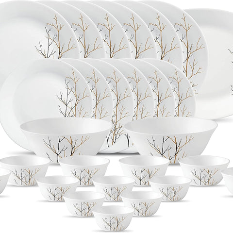 La Opala Diva Ivory Collection Opal Glass Crockery | for Family of 6 | Dinner Set 27 pcs Golden Fall | Plates & Bowls for Dining | Microwave Safe | 100% Vegetarian | Extra Strong | Light & White