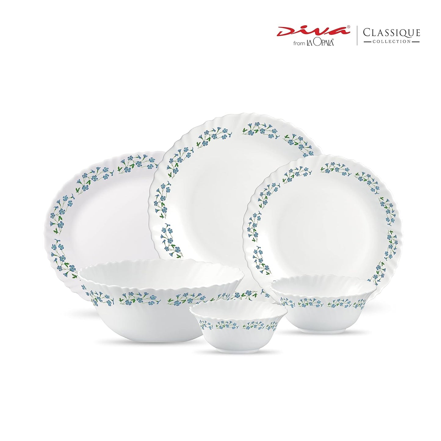 LaOpala Diva Lavender Dew Classique Collection Opalware Dinner Set (White) - 27 Pieces