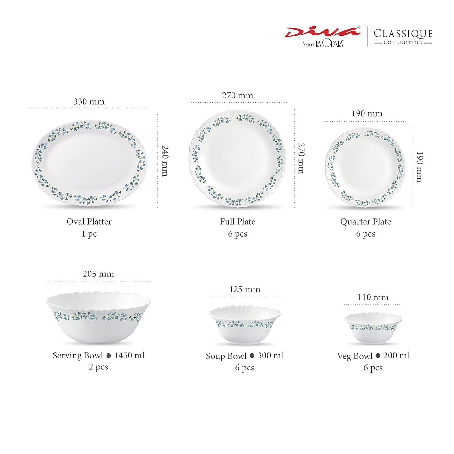 LaOpala Diva Lavender Dew Classique Collection Opalware Dinner Set (White) - 27 Pieces
