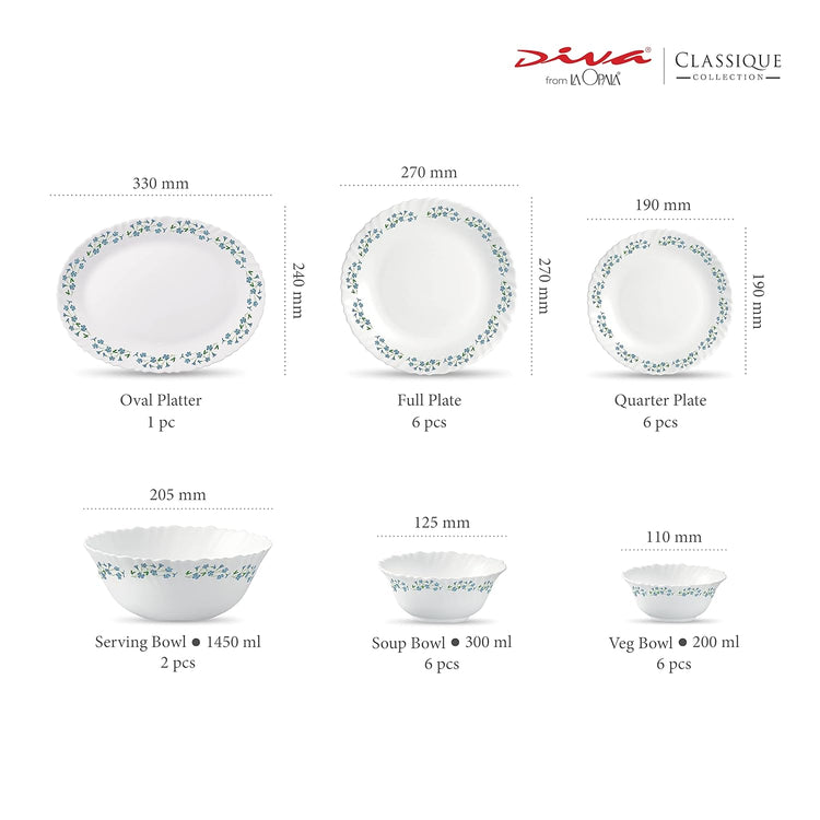 LaOpala Diva Lavender Dew Classique Collection Opalware Dinner Set (White) - 27 Pieces