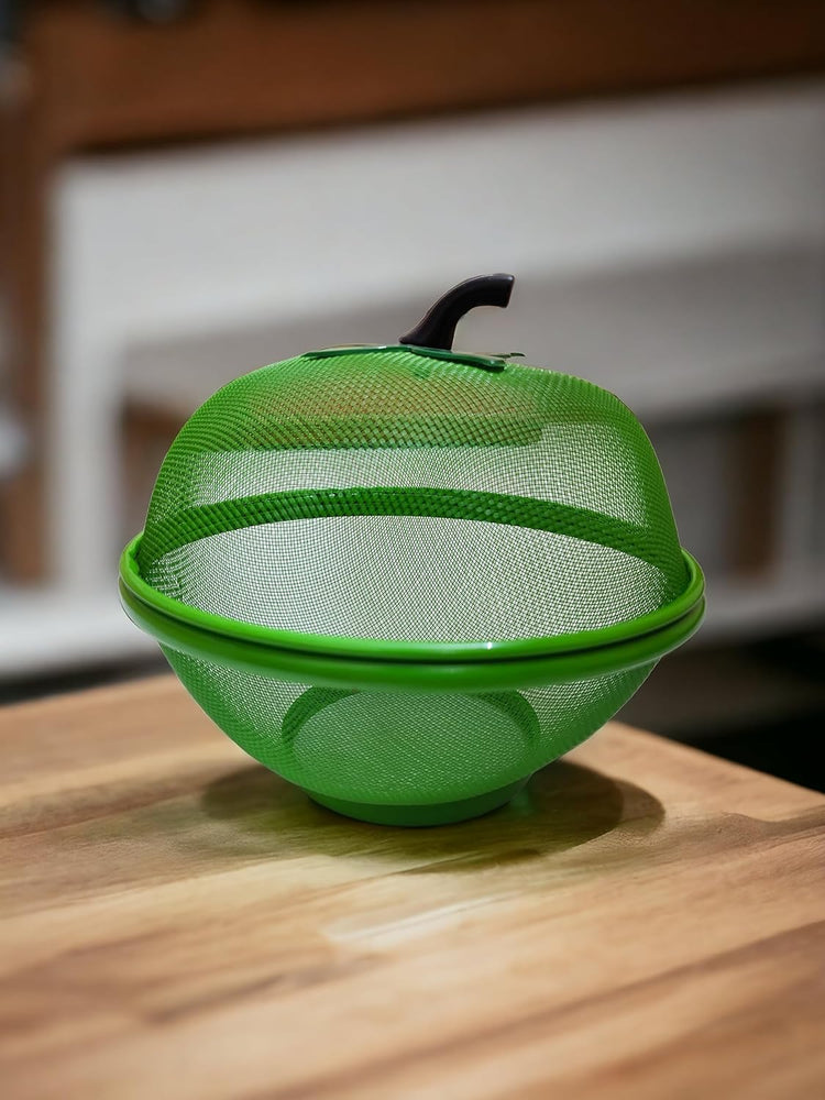 Fruit Basket with Lid Net Cover Steel Big Size for Dinning Kitchen Home Apple Shape Net Cover Protective Fruits Vegetables Food Storage Basket Strainer Kitchen Accessories (Green)