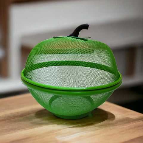 Fruit Basket with Lid Net Cover Steel Big Size for Dinning Kitchen Home Apple Shape Net Cover Protective Fruits Vegetables Food Storage Basket Strainer Kitchen Accessories (Green)