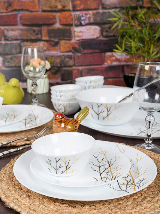 La Opala Diva Ivory Collection Opal Glass Crockery | for Family of 6 | Dinner Set 27 pcs Golden Fall | Plates & Bowls for Dining | Microwave Safe | 100% Vegetarian | Extra Strong | Light & White