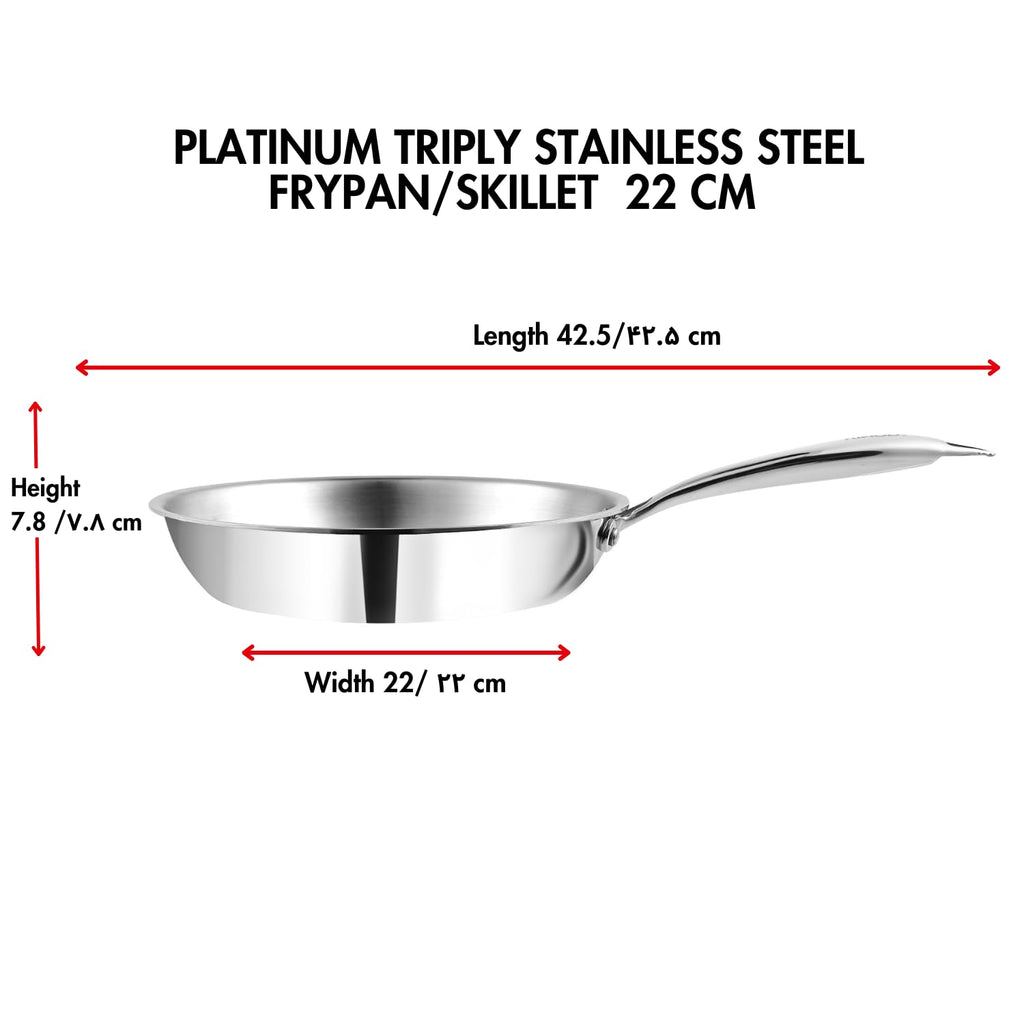 Vinod Platinum Triply Stainless Steel Frypan 22 cm | 2.5 mm Thick | Steel Pan | Scratch Resistant, Non Toxic | 5 Year Warranty | Induction &amp; Gas Friendly, Heavy Bottom