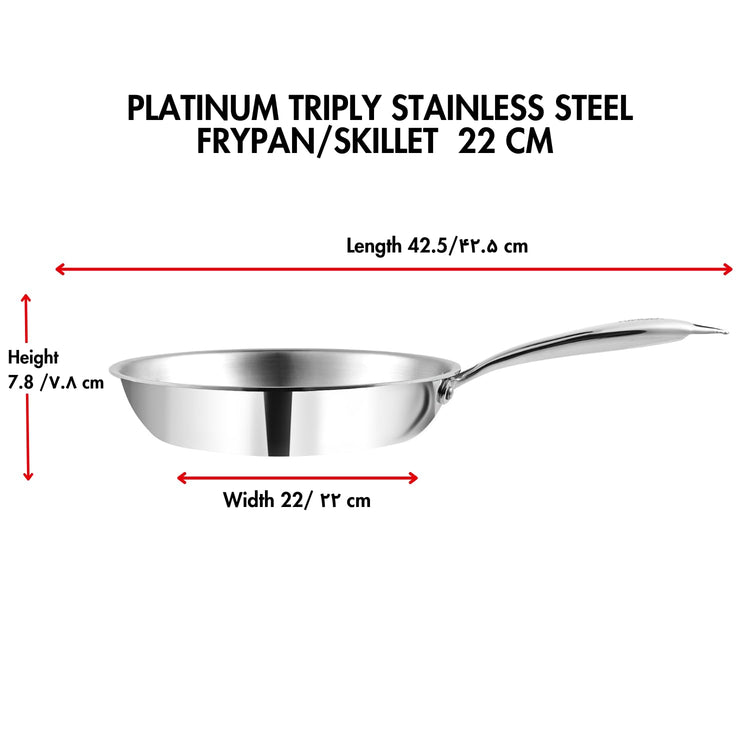 Vinod Platinum Triply Stainless Steel Frypan 22 cm | 2.5 mm Thick | Steel Pan | Scratch Resistant, Non Toxic | 5 Year Warranty | Induction & Gas Friendly, Heavy Bottom