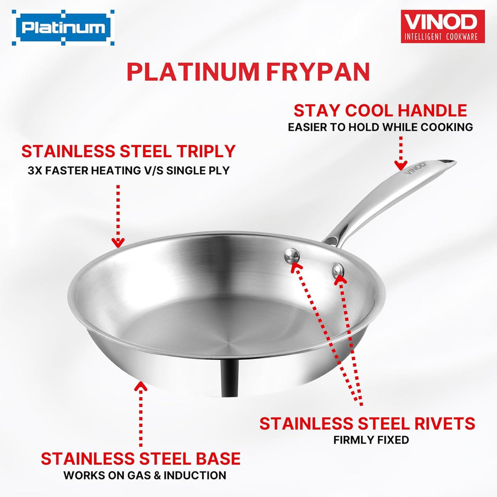 Vinod Platinum Triply Stainless Steel Frypan 22 cm | 2.5 mm Thick | Steel Pan | Scratch Resistant, Non Toxic | 5 Year Warranty | Induction &amp; Gas Friendly, Heavy Bottom