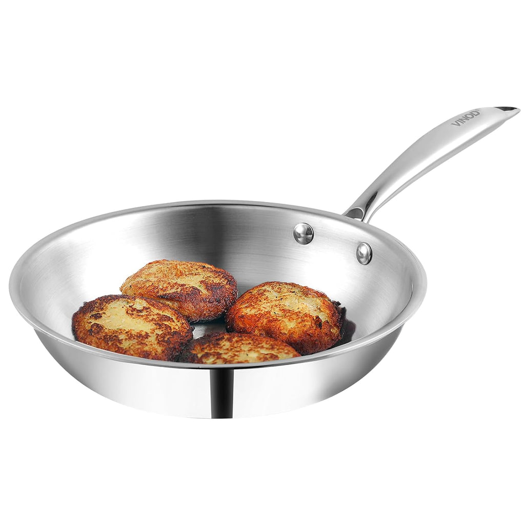 Vinod Platinum Triply Stainless Steel Frypan 22 cm | 2.5 mm Thick | Steel Pan | Scratch Resistant, Non Toxic | 5 Year Warranty | Induction &amp; Gas Friendly, Heavy Bottom