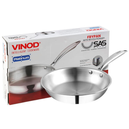 Vinod Platinum Triply Stainless Steel Frypan 22 cm | 2.5 mm Thick | Steel Pan | Scratch Resistant, Non Toxic | 5 Year Warranty | Induction &amp; Gas Friendly, Heavy Bottom