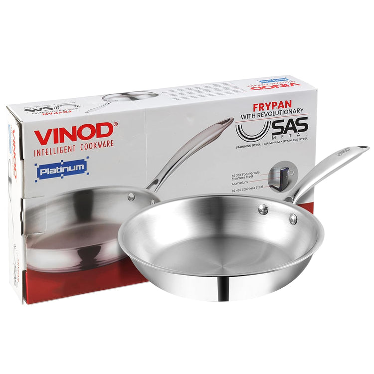 Vinod Platinum Triply Stainless Steel Frypan 22 cm | 2.5 mm Thick | Steel Pan | Scratch Resistant, Non Toxic | 5 Year Warranty | Induction &amp; Gas Friendly, Heavy Bottom