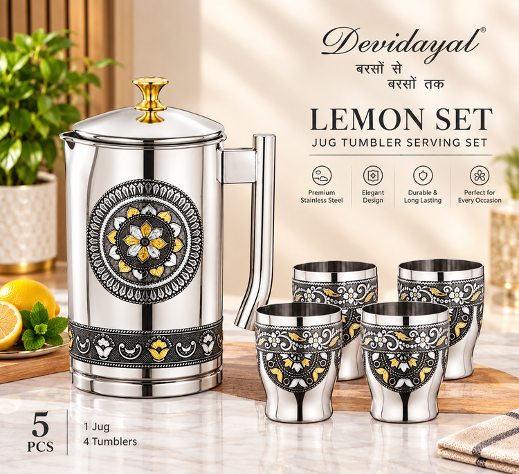 Devidayal La Vista Lemon Set 5 Pcs – Premium Stainless Steel Jug with 4 Designer Tumblers | Elegant Jug Tumbler Serving Set