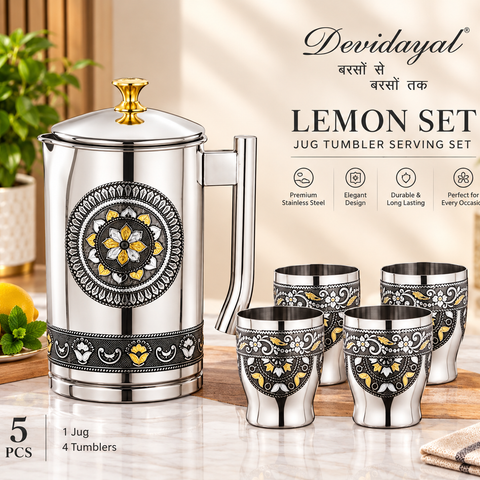 Devidayal La Vista Lemon Set 5 Pcs – Premium Stainless Steel Jug with 4 Designer Tumblers | Elegant Jug Tumbler Serving Set
