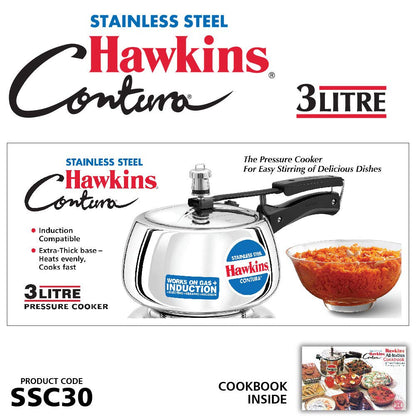 Hawkins 3 Litre Contura Pressure Cooker, Stainless Steel Inner Lid Cooker, Handi Cooker, Induction Cooker, Silver (SSC30)