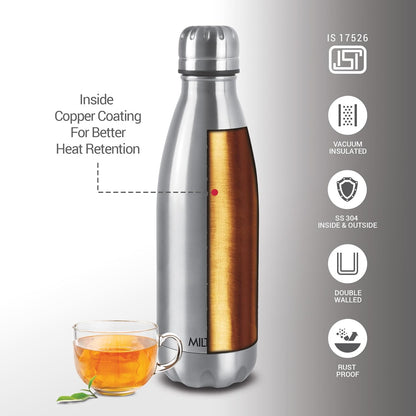 Milton Duo DLX 1000 Thermosteel Bottle, 1000 ml Water Bottles, 24 Hours Hot and Cold, Easy to Carry, Easy Grip, Rust Proof, Tea, Coffee, Office, Travel Bottle, Silver