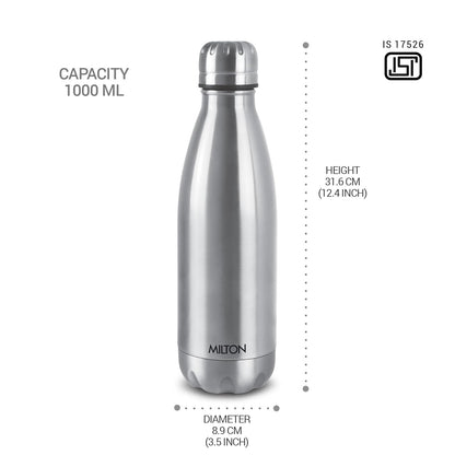 Milton Duo DLX 1000 Thermosteel Bottle, 1000 ml Water Bottles, 24 Hours Hot and Cold, Easy to Carry, Easy Grip, Rust Proof, Tea, Coffee, Office, Travel Bottle, Silver