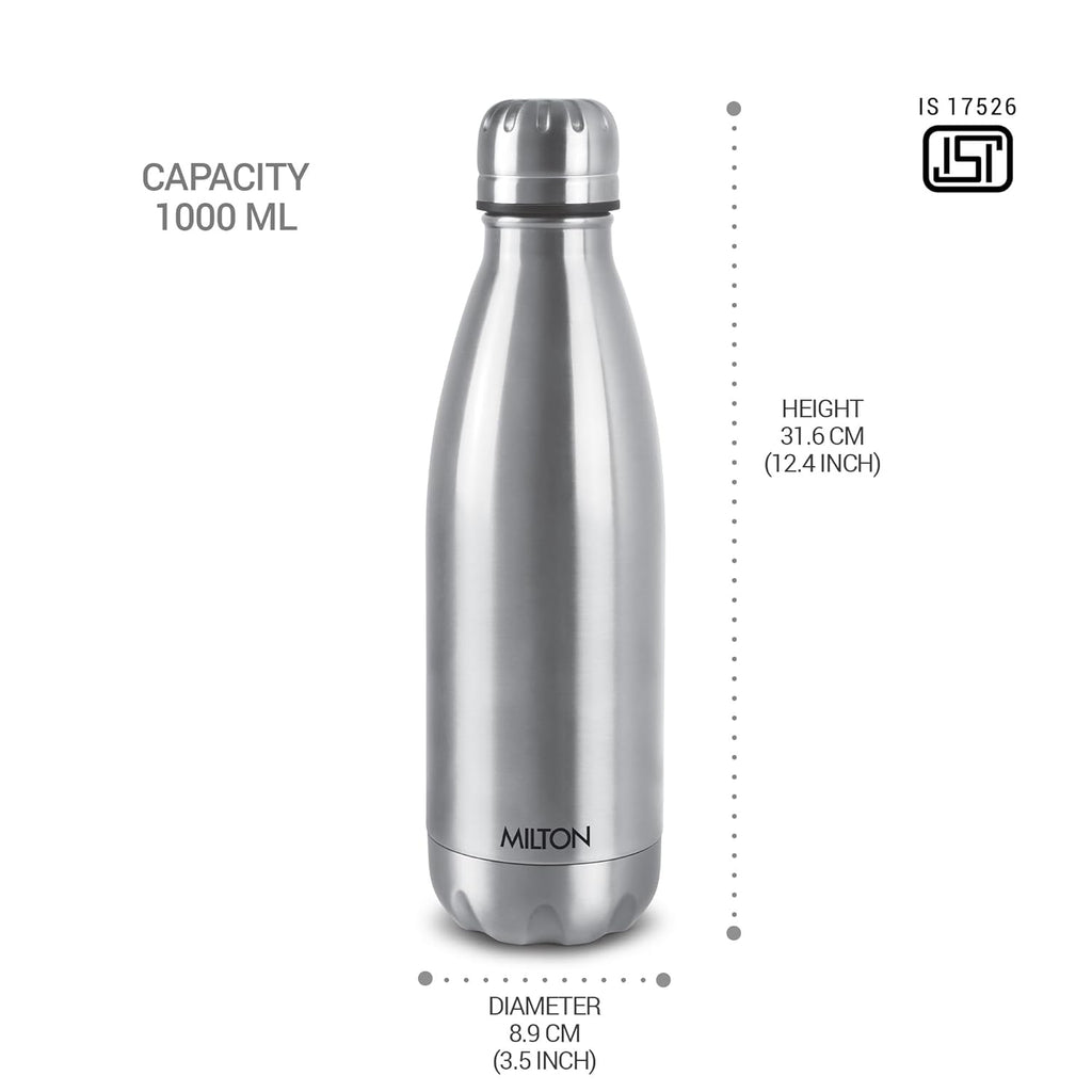 Milton Duo DLX 1000 Thermosteel Bottle, 1000 ml Water Bottles, 24 Hours Hot and Cold, Easy to Carry, Easy Grip, Rust Proof, Tea, Coffee, Office, Travel Bottle, Silver