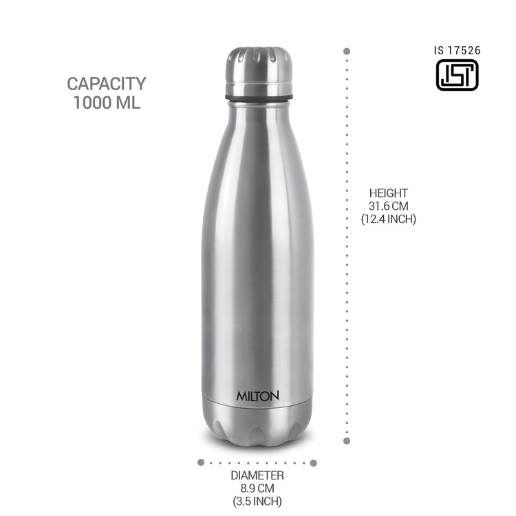 Milton Duo DLX 1000 Thermosteel Bottle, 1000 ml Water Bottles, 24 Hours Hot and Cold, Easy to Carry, Easy Grip, Rust Proof, Tea, Coffee, Office, Travel Bottle, Silver