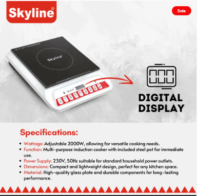 Skyline 2000W Induction Cooktop | High-Efficiency Infrared Induction Cooker with Multi-Function Cooking | Fast Heating | Energy Saving Electric Cooktop