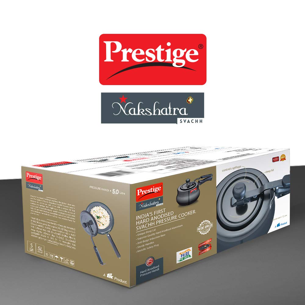 Prestige 5 Litres Svachh Nakshatra Plus Induction Base Inner Lid Hard Anodised Pressure Handi |Black | Deep Lid | Anti-Bulge Base | Sturdy Handles