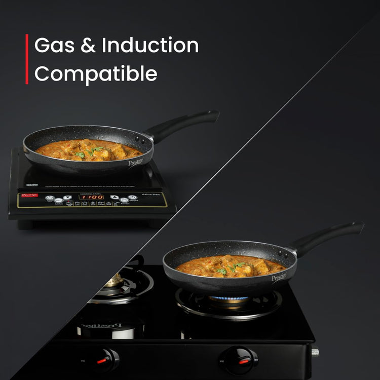 Prestige Non-Stick Omega Deluxe Granite Fry Pan | 24 Centimetre | Black | Induction Base | 5 Layer Non-Stick Cookware | Dishwasher Safe | 2-Layer Metallic Finish