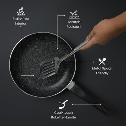 Prestige Non-Stick Omega Deluxe Granite Fry Pan | 24 Centimetre | Black | Induction Base | 5 Layer Non-Stick Cookware | Dishwasher Safe | 2-Layer Metallic Finish
