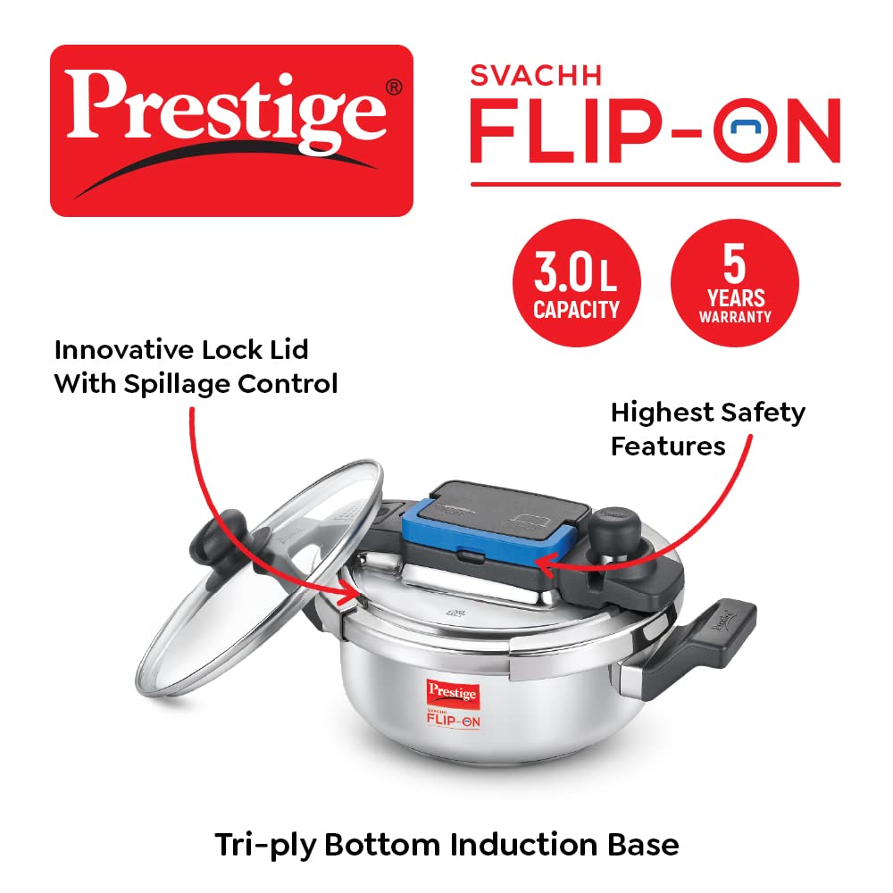 Prestige 3L Svachh FLIP-ON Stainless Steel Pressure Cooker with glass lid|Innovative lock lid with spillage control|Gas &amp; Induction compatible|5 years warranty|Silver