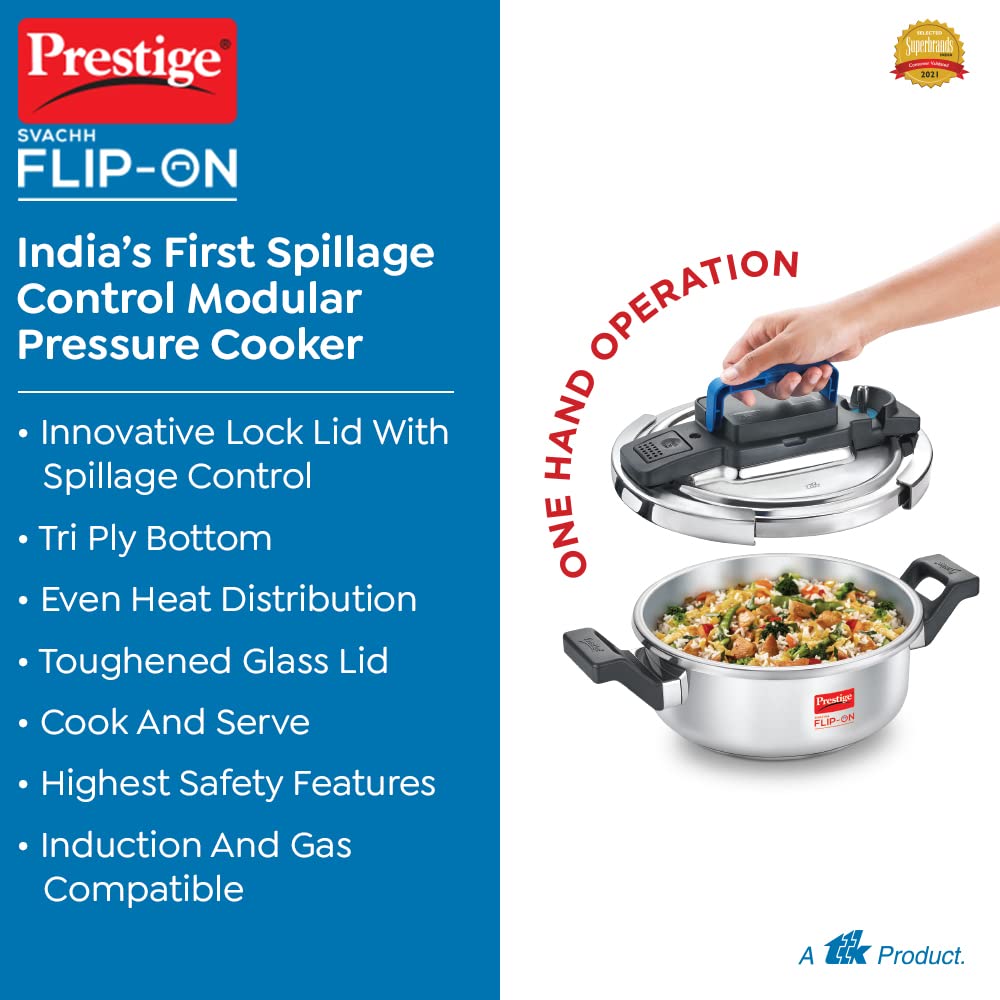Prestige 3L Svachh FLIP-ON Stainless Steel Pressure Cooker with glass lid|Innovative lock lid with spillage control|Gas &amp; Induction compatible|5 years warranty|Silver