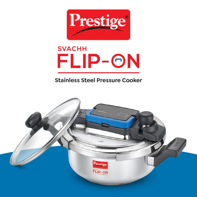 Prestige 3L Svachh FLIP-ON Stainless Steel Pressure Cooker with glass lid|Innovative lock lid with spillage control|Gas &amp; Induction compatible|5 years warranty|Silver
