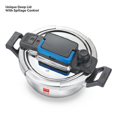Prestige 3L Svachh FLIP-ON Stainless Steel Pressure Cooker with glass lid|Innovative lock lid with spillage control|Gas &amp; Induction compatible|5 years warranty|Silver