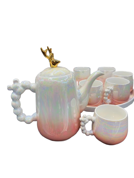 Addox 360° Rotating Tea Kettle Set – Microwave-Safe Kettle + 6-Piece Cup Set on Swivel Tray- Pink Color