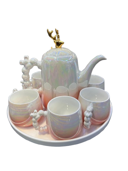 Addox 360° Rotating Tea Kettle Set – Microwave-Safe Kettle + 6-Piece Cup Set on Swivel Tray- Pink Color