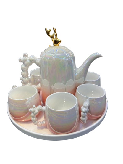 Addox 360° Rotating Tea Kettle Set – Microwave-Safe Kettle + 6-Piece Cup Set on Swivel Tray- Pink Color
