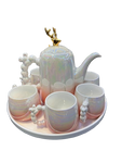 Addox 360° Rotating Tea Kettle Set – Microwave-Safe Kettle + 6-Piece Cup Set on Swivel Tray- Pink Color