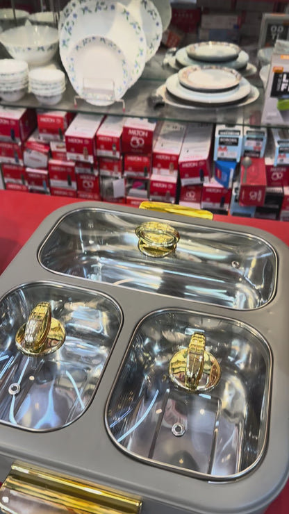 BONJOUR Sapphire 3-in-1 Insulated Chafing Dish | Premium Stainless Steel Hotpot & Casserole with PUF Insulation | Buffet Server with Glass Lids & Golden Handles | Grey