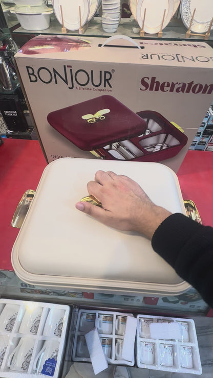 BONJOUR Sheraton 3-in-1 Insulated Chafing Dish | Premium Stainless Steel Hotpot & Casserole with PUF Insulation | Buffet Server with Lock Lid & Golden Handles | White