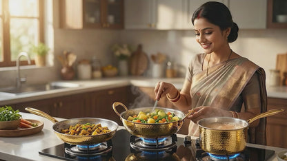 Devidayal Premium Brass Kadhai with Lid 26cm (3.9Ltrs)- Traditional Hammered Design, Durable & Elegant Cookware