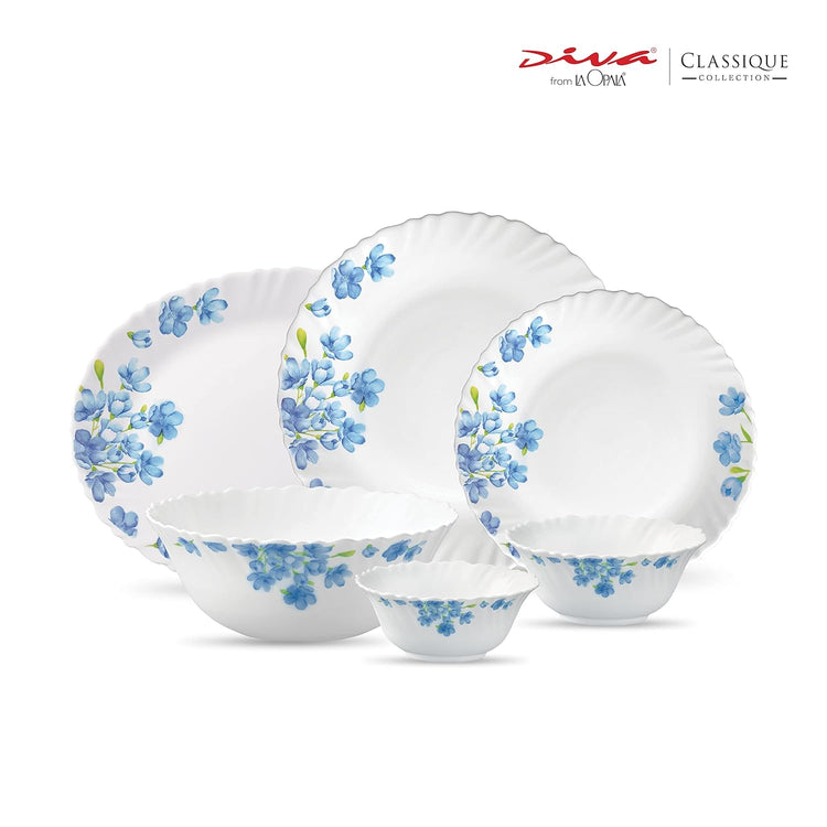La Opala Diva, Classique Collection, Opal Glass Dinner Set 27 pcs, Aster Blue, White
