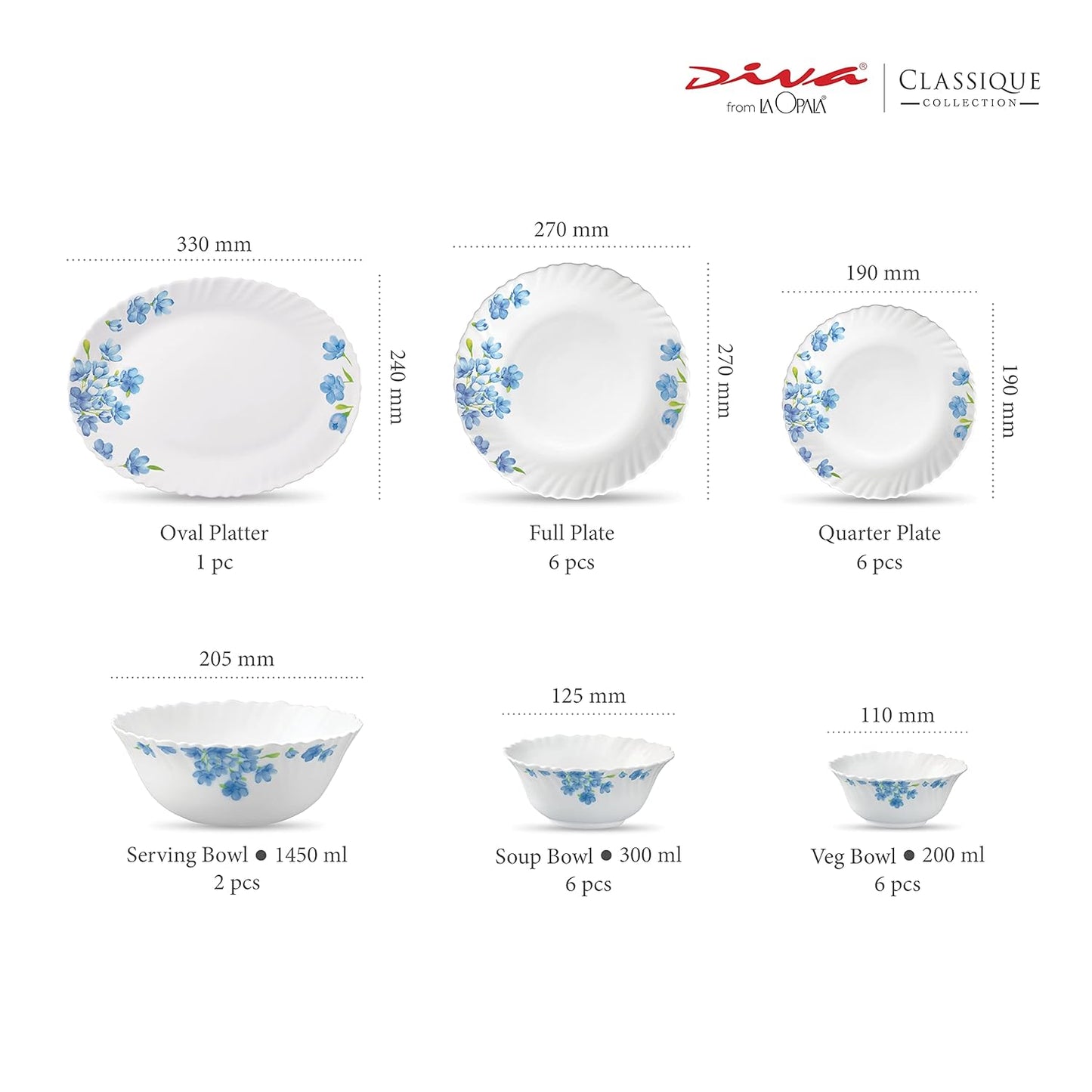 La Opala Diva, Classique Collection, Opal Glass Dinner Set 27 pcs, Citron Weave, White