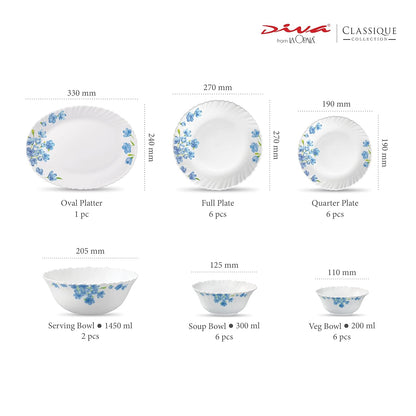 La Opala Diva, Classique Collection, Opal Glass Dinner Set 27 pcs, Citron Weave, White
