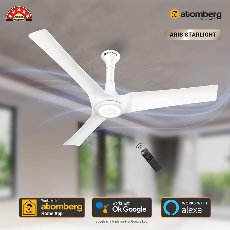 Atomberg Aris Starlight 1200mm BLDC Ceiling Fan with Underlight, IoT &amp; Remote Control | Smart Fan with Noiseless Operation (Marble White)