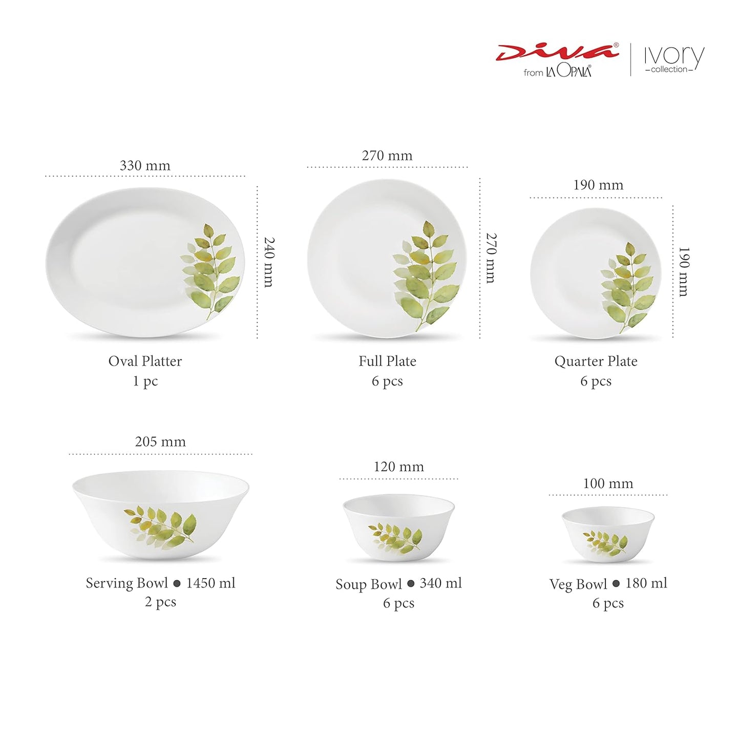 La Opala Diva, Ivory Collection, Opal Glass Dinner Set 27 pcs, Autumn Shadow, White