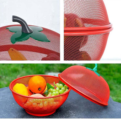 Fruit Basket with Lid Net Cover Steel Big Size for Dinning Kitchen Home Apple Shape Net Cover Protective Fruits Vegetables Food Storage Basket Strainer Kitchen Accessories (Red)