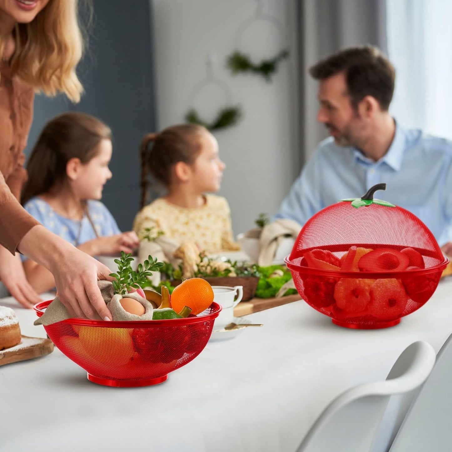 Fruit Basket with Lid Net Cover Steel Big Size for Dinning Kitchen Home Apple Shape Net Cover Protective Fruits Vegetables Food Storage Basket Strainer Kitchen Accessories (Red)