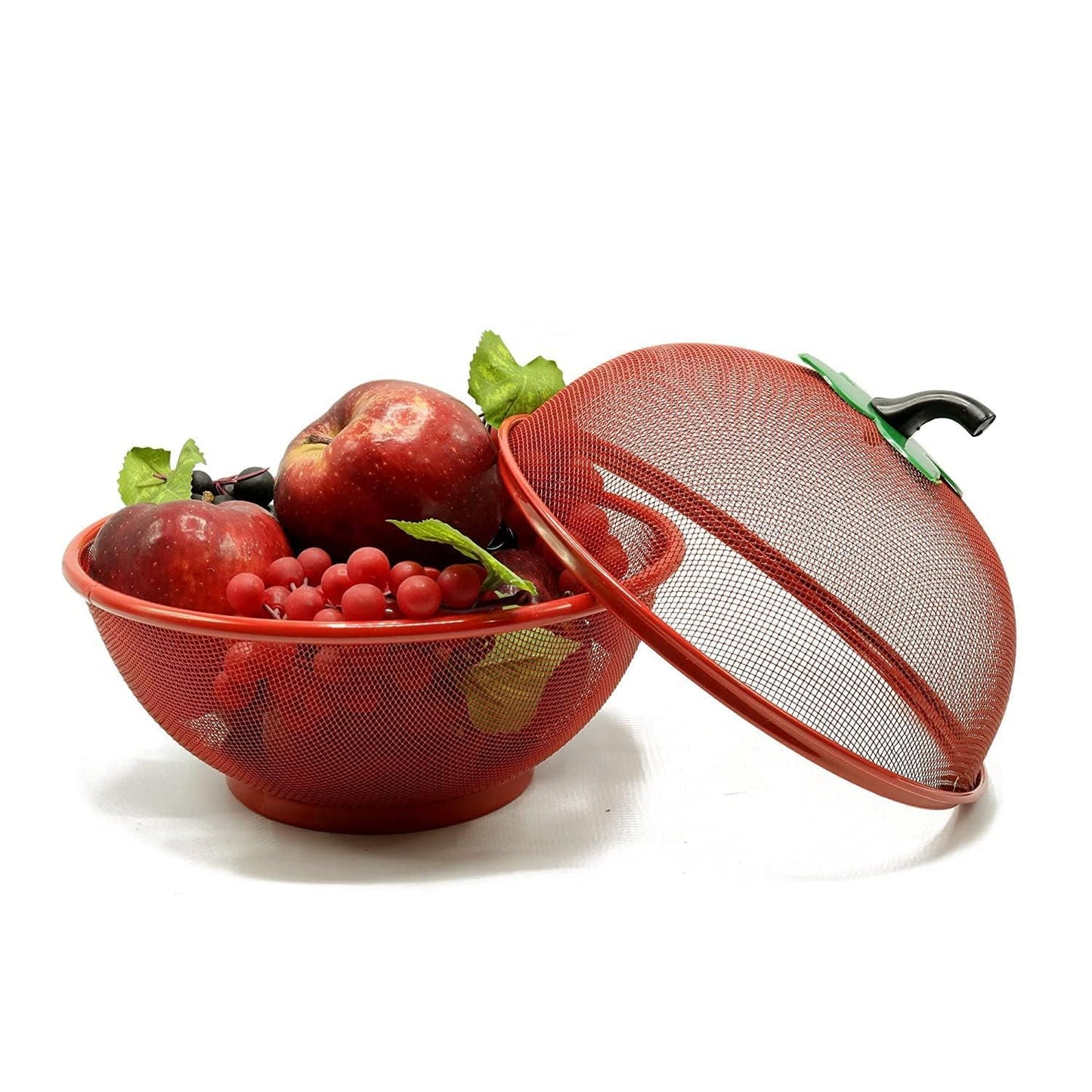 Fruit Basket with Lid Net Cover Steel Big Size for Dinning Kitchen Home Apple Shape Net Cover Protective Fruits Vegetables Food Storage Basket Strainer Kitchen Accessories (Red)