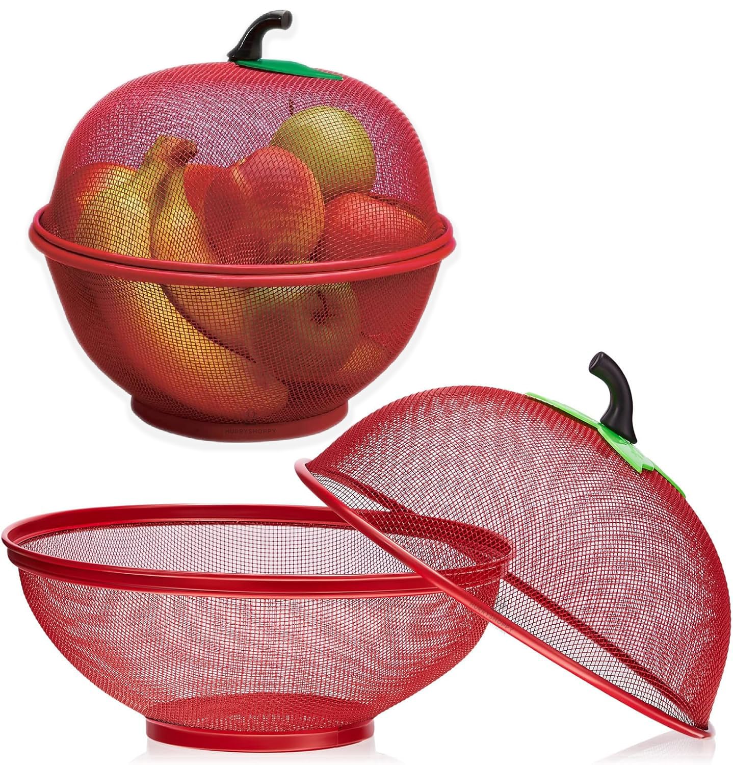 Fruit Basket with Lid Net Cover Steel Big Size for Dinning Kitchen Home Apple Shape Net Cover Protective Fruits Vegetables Food Storage Basket Strainer Kitchen Accessories (Red)