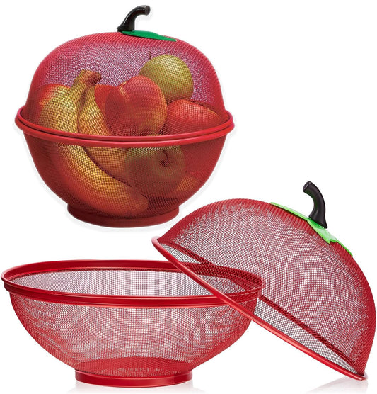 Fruit Basket with Lid Net Cover Steel Big Size for Dinning Kitchen Home Apple Shape Net Cover Protective Fruits Vegetables Food Storage Basket Strainer Kitchen Accessories (Red)