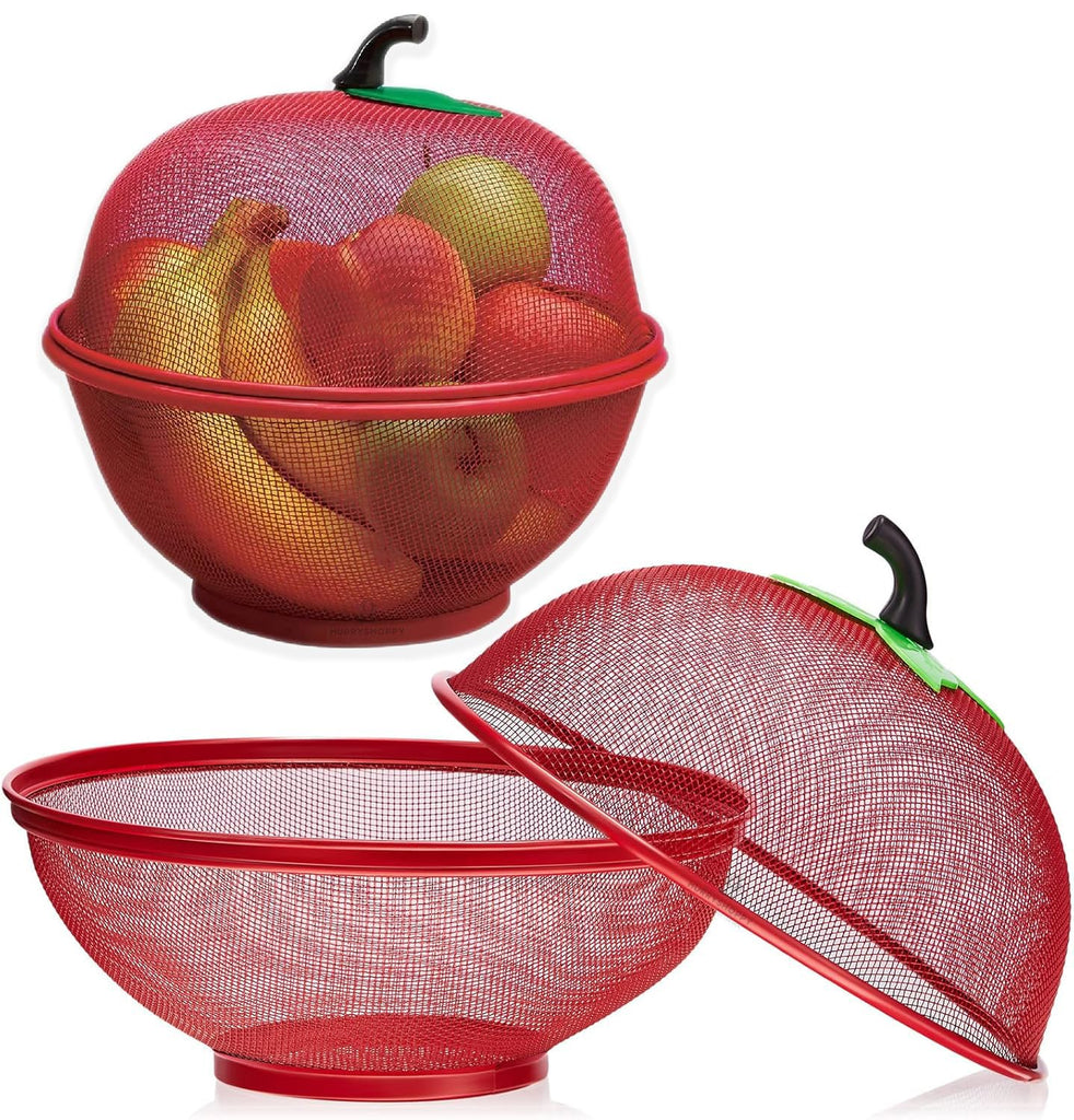 Fruit Basket with Lid Net Cover Steel Big Size for Dinning Kitchen Home Apple Shape Net Cover Protective Fruits Vegetables Food Storage Basket Strainer Kitchen Accessories (Red)
